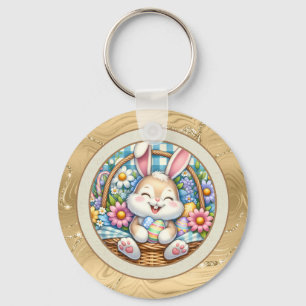 Prettig Pasen met knuffelkonijn, eieren en bloemen Sleutelhanger