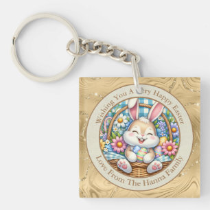Prettig Pasen met knuffelkonijn, eieren en bloemen Sleutelhanger
