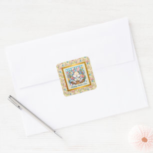Prettig Pasen met knuffelkonijn, eieren en bloemen Vierkante Sticker