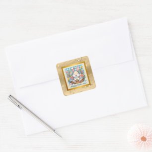 Prettig Pasen met knuffelkonijn, eieren en bloemen Vierkante Sticker