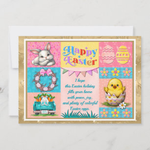 Prettig Pasen met Konijn, Kuiken, Eieren & Bloemen Feestdagenkaart