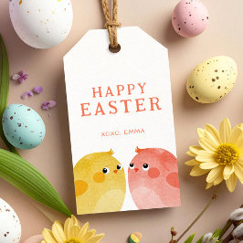 Prettig Pasen met twee kippen in geel en roze Cadeaulabel