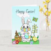 Prettig Pasen, Paashaas met Mondkapje Kaart (Gele Bloem)