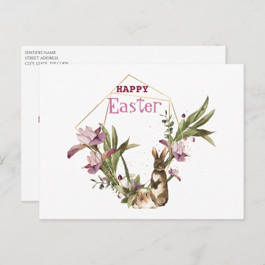 Prettig Pasen | Paashaas Paarse Magnolia Krans Feestdagenkaart (Voorkant / Achterkant)