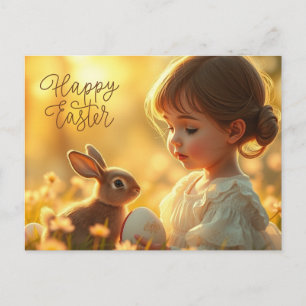 Prettig Pasen Schattig Baby Meisje met Konijn Feestdagenkaart