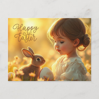 Prettig Pasen Schattig Baby Meisje met Konijn Feestdagenkaart