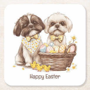 Prettig Pasen Shih Tzu Honden Vierkante Kartonnen Onderzetter