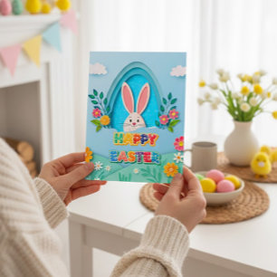 Prettig Pasen   Whimsical Paashaas en Bloemen Feestdagenkaart