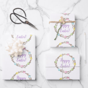Prettig Pasen Wilgenkrans Met Pastel Eieren Inpakpapier Vel