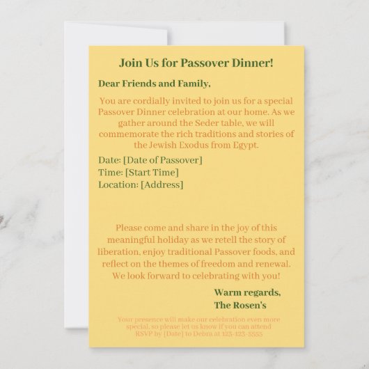 Prettig Pesach| Mooie Seder Pesach uitnodiging (Achterkant)