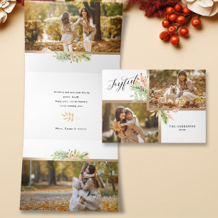Prettig Schrift Botanisch 2-Foto met Gouden Lijst Drieluik Wenskaart