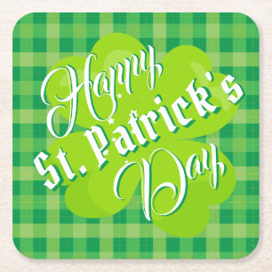 Prettig St. Patrick's Day Groen Tartan Lucky Clove Vierkante Kartonnen Onderzetter