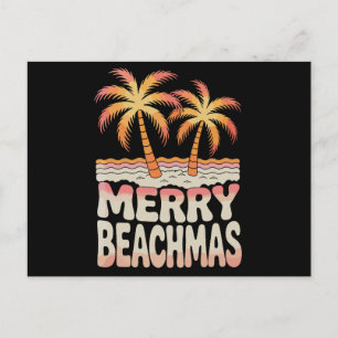 Prettig Strandmas Palmboom Tropische Zonsondergang Feestdagenkaart