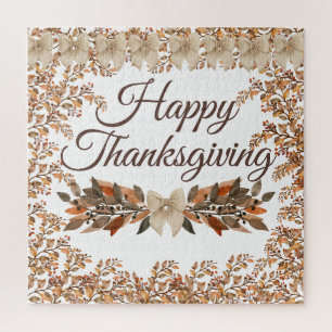 “Prettig Thanksgiving” Taupe Bladeren Herfst Puzze Legpuzzel