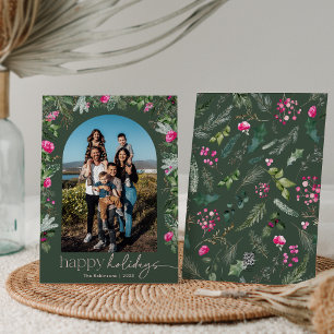Prettig Vakantie Bosgroen & Roze Bloemboog Feestdagenkaart