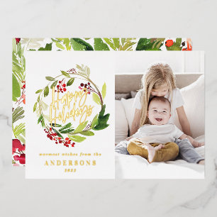 Prettig vakantie waterverf bloem foto folie feestdagenkaart
