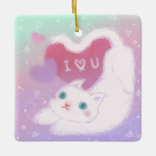 Prettig Valentijnsdag met Fluffy Witte Kat Keramisch Ornament