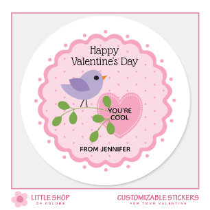 Prettig Valentijnsdag Roze Hart met Vogel Ronde Sticker