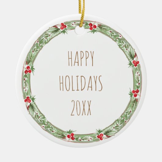 Prettige feestdagen 20XX Familienaam Krans Bessen Keramisch Ornament (Voorkant)