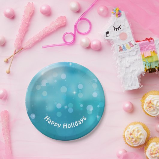 prettige feestdagen aqua bokeh lichten papieren bordje (Feest)