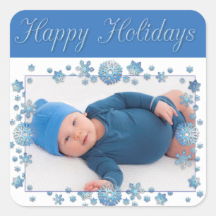 prettige feestdagen Baby Foto Blue Snowflake Stick Vierkante Sticker