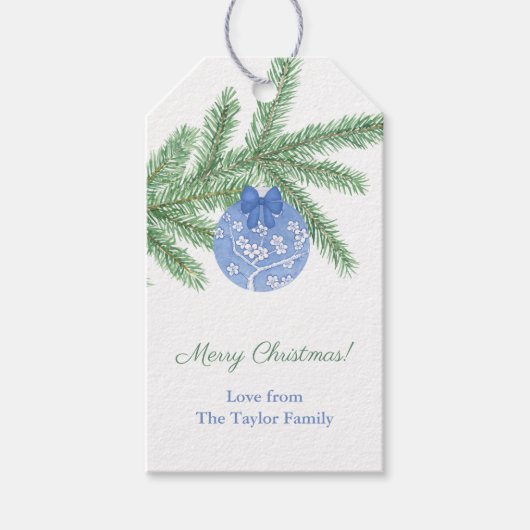 prettige feestdagen blauw en wit Ornament Kerstmis Cadeaulabel (Voorkant)