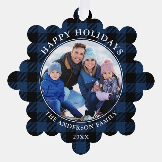 Prettige feestdagen Blauw geruite rustiek Ornament Kaart (Voorkant)