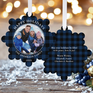 Prettige feestdagen Blauw geruite rustiek Ornament Kaart