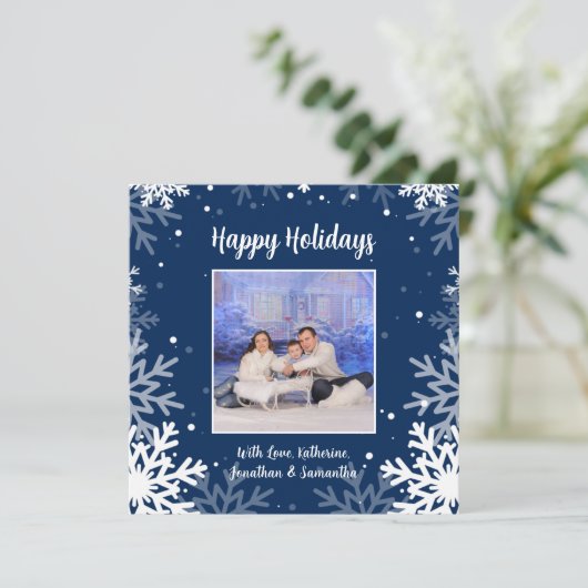 prettige feestdagen Blauwe en witte sneeuwvlokken Feestdagenkaart (Staand voorkant)