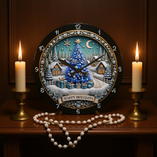Prettige feestdagen Blauwe Kerstboom Dorp Grote Klok
