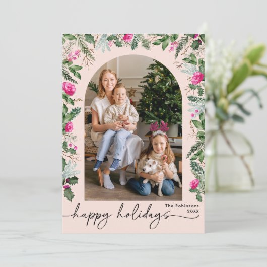 Prettige feestdagen Blush roze botanische boog 1 f Feestdagenkaart (Staand voorkant)