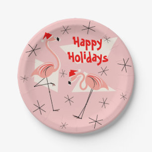Prettige feestdagen bord Flamingo Santas Roze