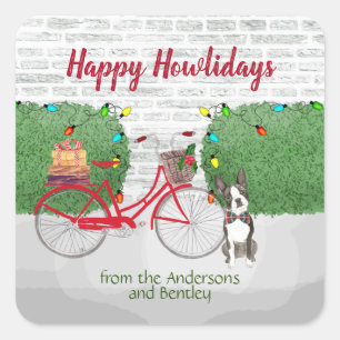 Prettige feestdagen Boston Terrier Rode Fiets Vierkante Sticker