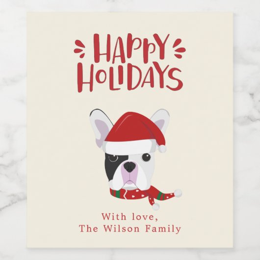 prettige feestdagen - Cute French Bulldog Kerstmis Wijn Etiket (Enkel label)