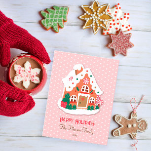 prettige feestdagen Cute Pink Snowy Gingerbrood Ho Briefkaart