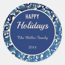 prettige feestdagen Damask Leaves op Blue