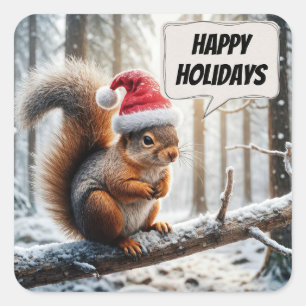 Prettige feestdagen Eekhoorn op besneeuwde boomtak Vierkante Sticker