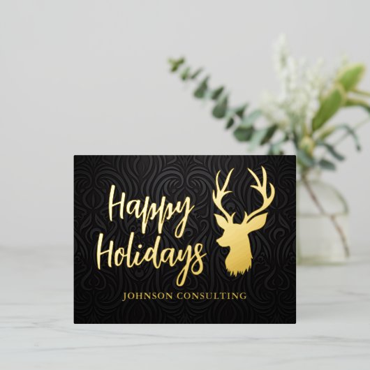 prettige feestdagen Elegant Black Damask Reindeer (Staand Voorkant)