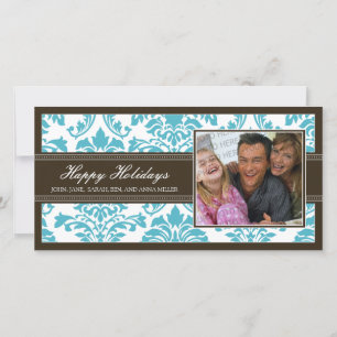 Prettige feestdagen Elegant Bruin & Aqua Damask Cu Feestdagenkaart
