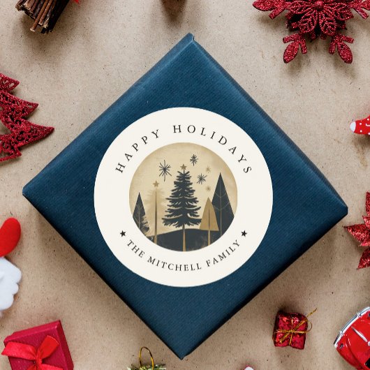 Prettige feestdagen Elegant | Warm Gold Pine Fores Ronde Sticker