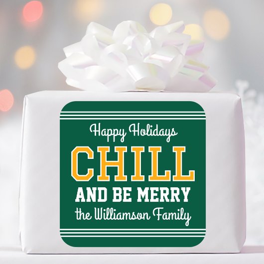 Prettige feestdagen Familienaam Retro Fun Green Go Vierkante Sticker