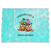 prettige feestdagen, feestelijke eigenaar met snee groot cadeauzakje (Voorkant)