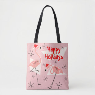 Prettige feestdagen Flamingo Santas Pink Tote Bag