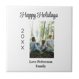 Prettige feestdagen Foto familienaam jaarkalligraf Tegeltje