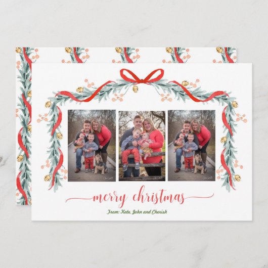 Prettige feestdagen Garland Bell 3 Foto Kerst Kaar Feestdagenkaart (Voorkant / Achterkant)