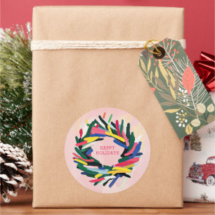PRETTIGE FEESTDAGEN GEDURFDE KLEURRIJKE KERSTKRANS RONDE STICKER
