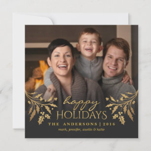 prettige feestdagen Gold Holly Photo Flat Card Feestdagenkaart
