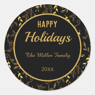 prettige feestdagen Gold Leaves op Black Ronde Sticker