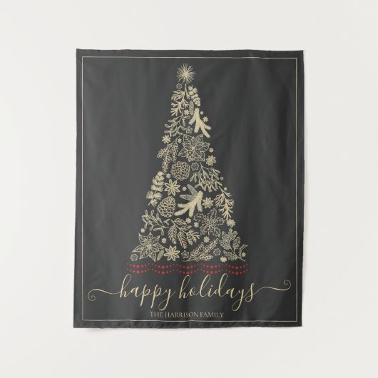 Prettige feestdagen Gold Pine Cone Bough Wandkleed (Voorkant)