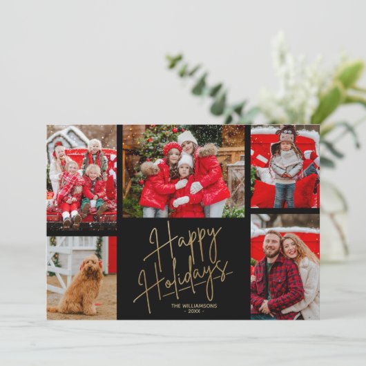 Prettige feestdagen Goud vijf foto's zwart Feestdagenkaart (Staand voorkant)
